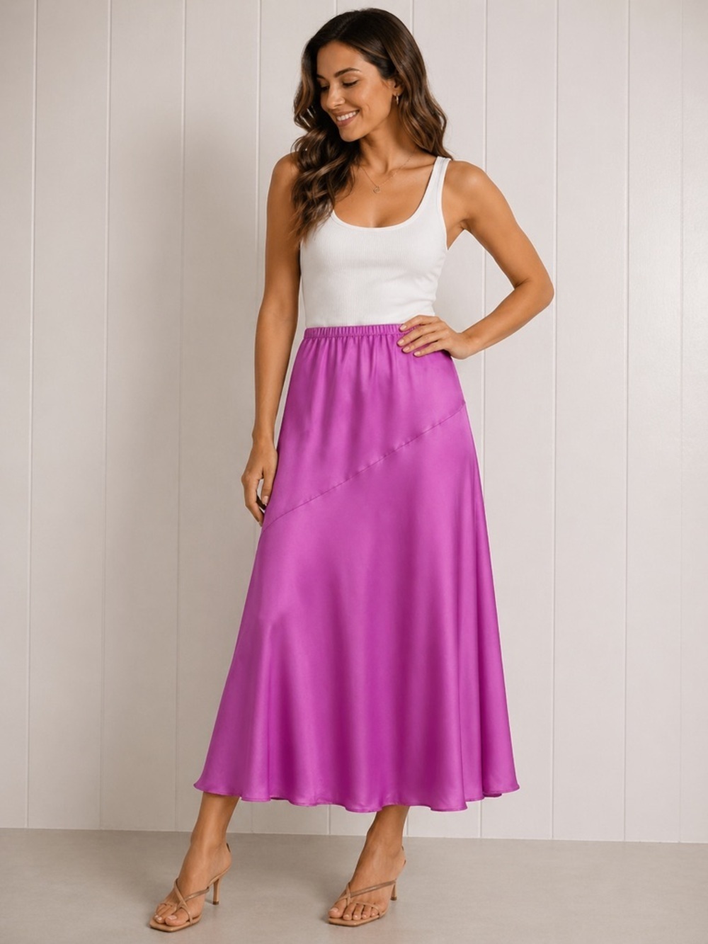 Slip Skirt Lilac Pink Satin Midi Y2K Romantic Spring Barbiecore Elastic Waist XS